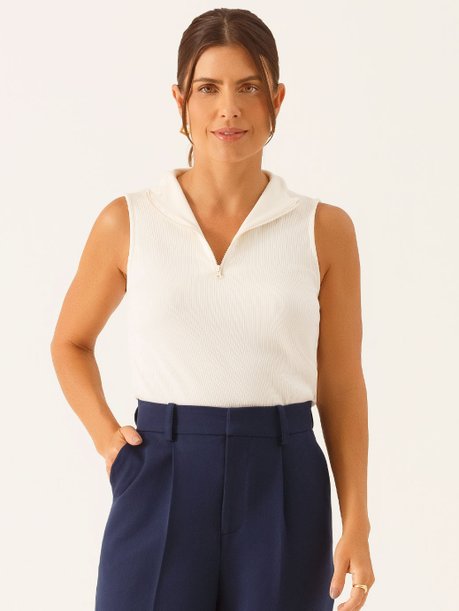 Blusa Gola Alta com Zíper em Malha Canelada Off White Veralucia