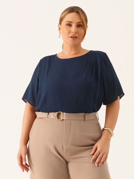 Blusa Manga Curta em Crepe Plus SIze Marinho Marta
