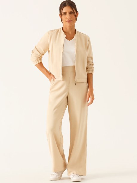 Calça Alfaiataria Wide Leg em Viscose Aveia Vitoriana