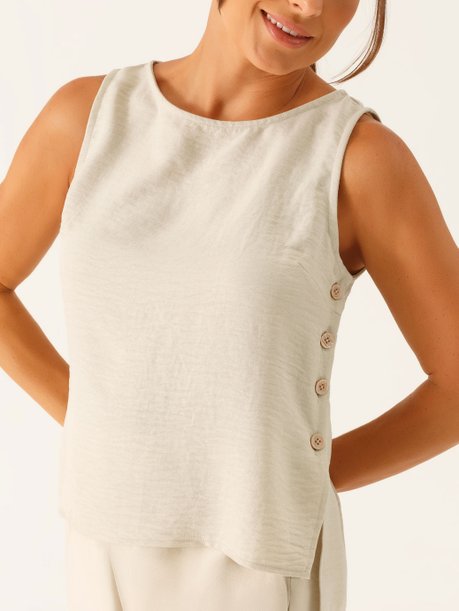 Blusa sem Mangas Decote Redondo em Crepe Aveia Vanusa