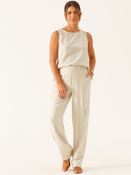 Calça Reta Regular com Bolso Cargo Aveia Thaisa