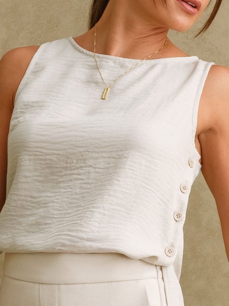Blusa sem Mangas Decote Redondo em Crepe Aveia Vanusa