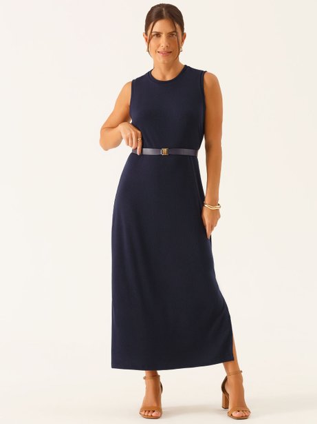 Vestido Sem Manga Longuete em Malha Marinho Valdirene