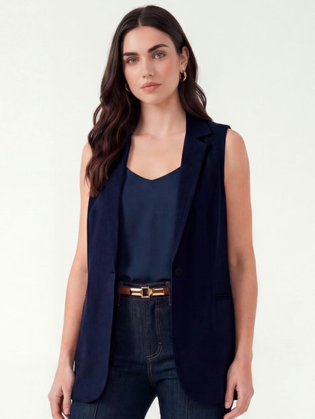 Colete Alongado com Cinto Faixa Azul Marinho Iasmine