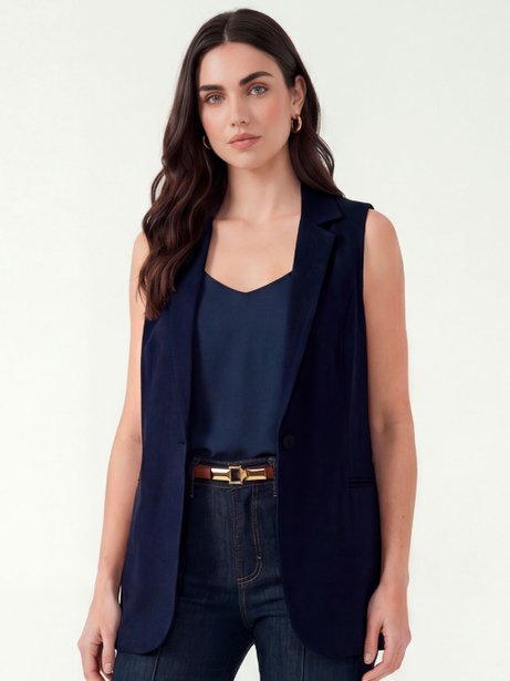 Colete Alongado com Cinto Faixa Azul Marinho Iasmine