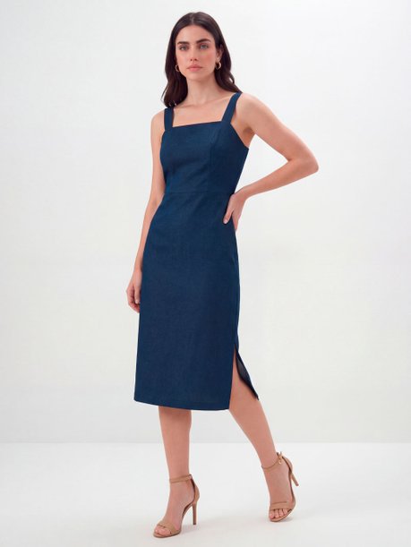 Vestido Tubinho com Alças de Linho Marinho Berenice