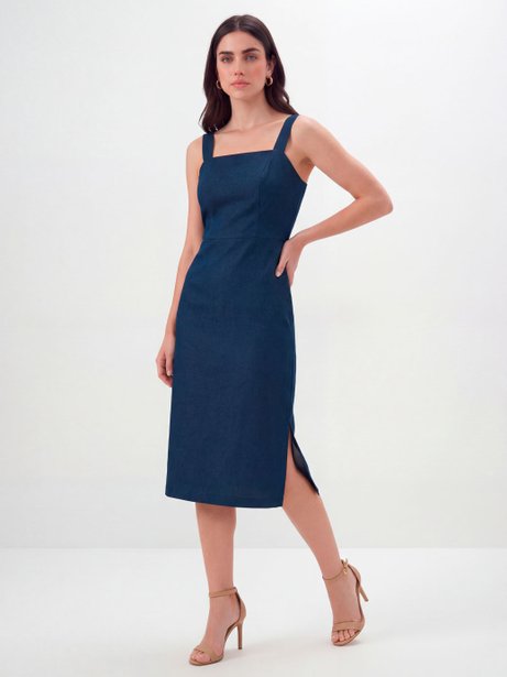 Vestido Tubinho com Alças de Linho Marinho Berenice