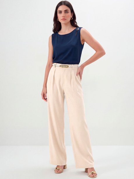 Calça Pantalona de Alfaiataria Creponada Aveia Glicia