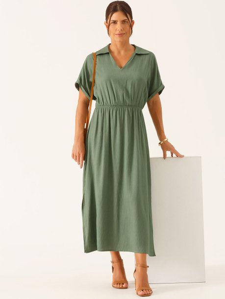 Vestido Decote V Longuete em Viscose Verde Vanderleia
