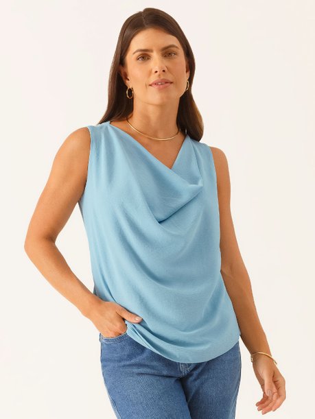 Blusa Sem Manga Decote Degagê em Crepe Texturizado Azul Joana