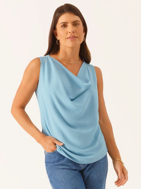Blusa Sem Manga Decote Degagê em Crepe Texturizado Azul Joana