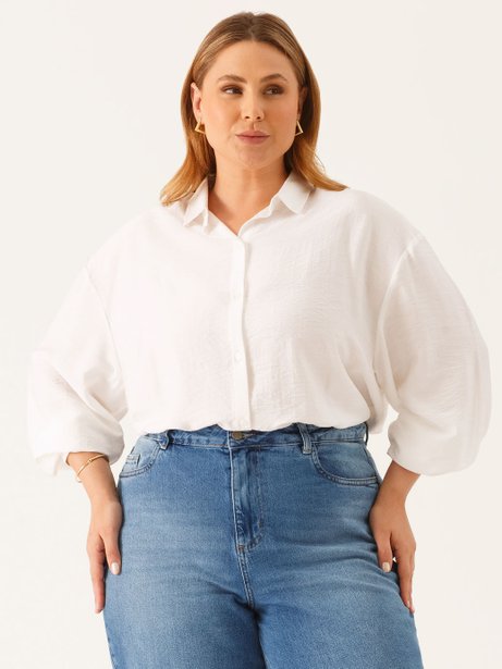 Camisa Manga Longa Boxi em Viscose Plus Size Off White Taila