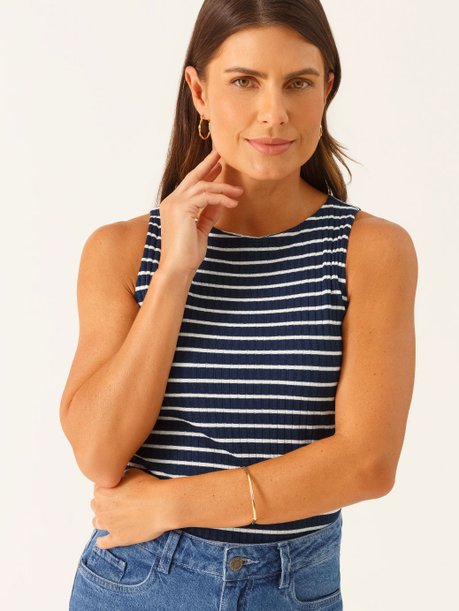Regata Malha Canelada em Viscose Marinho x Branco Eloisa