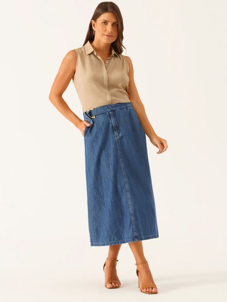 Saia Jeans Evasê Longuete Azul Médio Vanice