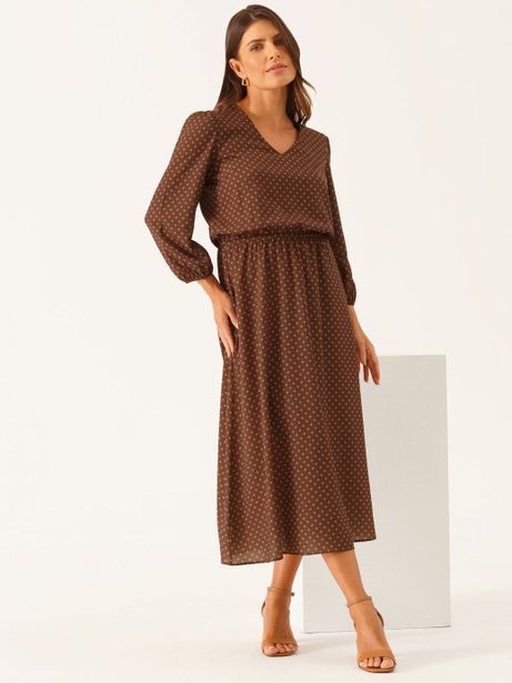 Vestido Longuete Decote V em Crepe Marrom Yohara