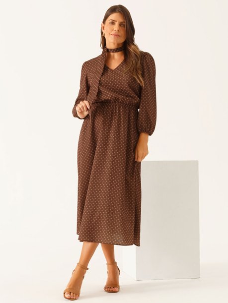 Vestido Longuete Decote V em Crepe Marrom Yohara