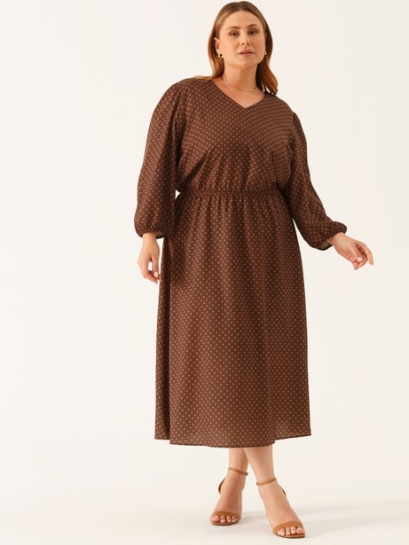 Vestido Longuete Decote V em Crepe Plus Size Marrom Yohara