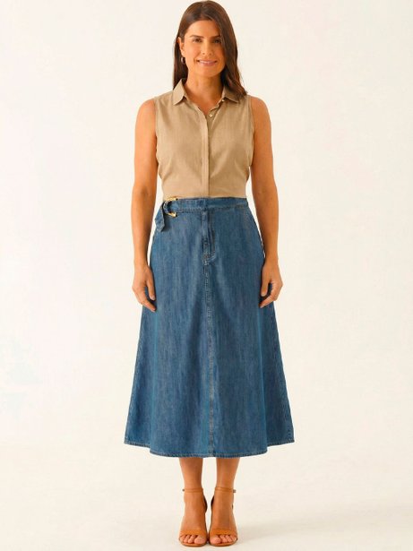 Saia Jeans Evasê Longuete Azul Médio Vanice