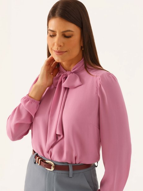 Blusa Manga Longa Gola Laço em Crepe Rosa Elizabeth