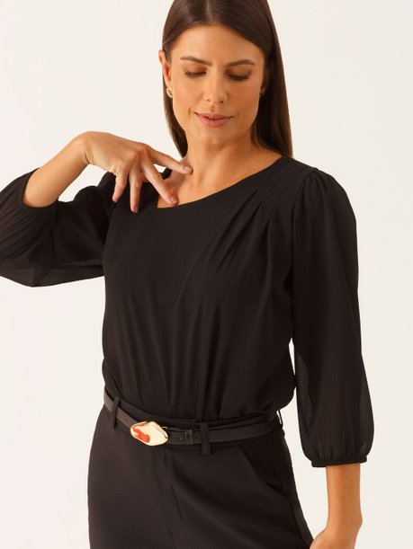 Blusa Manga 7/8 em Crepe Preto Elidiane