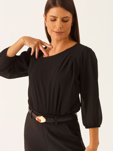 Blusa Manga 7/8 em Crepe Preto Elidiane