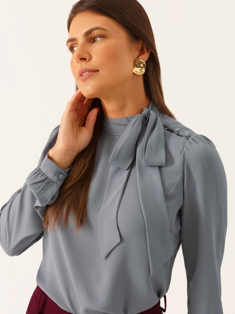 Blusa Manga Longa Gola Laço Cinza Tamires