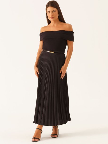 Saia Plissada Longuete em Crepe Preto Antonieta