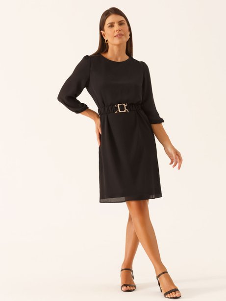 Vestido com Cinto e Fivela Dourada Preto Vilmara