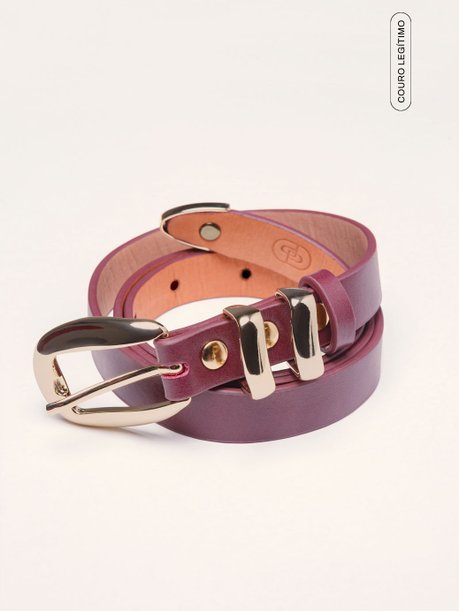 Cinto de Couro com Fivela Dourada Vinho Rosa