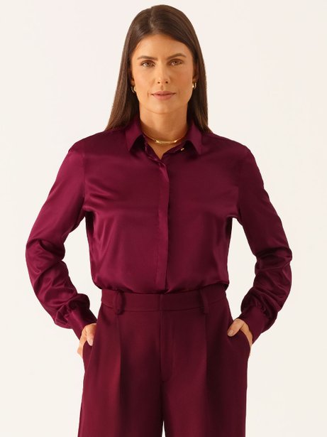 Camisa Manga Longa Regular em Cetim Vinho Elizangela