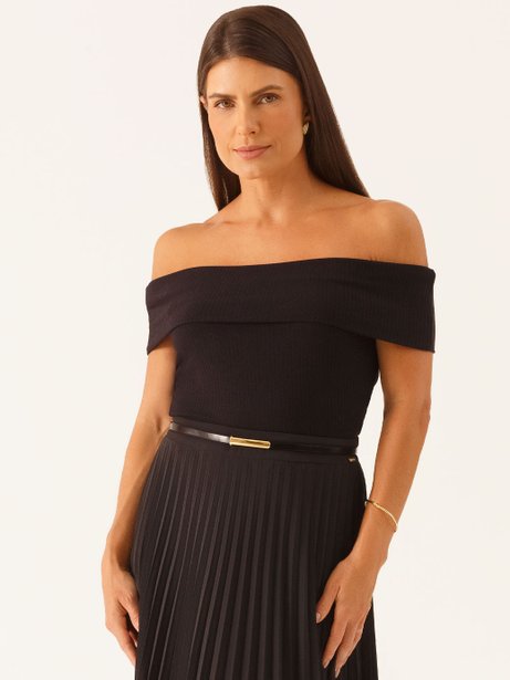 Blusa Ombro a Ombro de Malha Canelada Preto Graciany