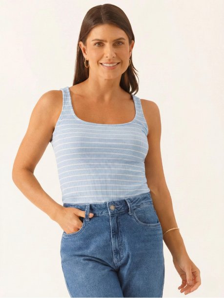 Regata Malha Canelada em Viscose Azul x Branco Maira