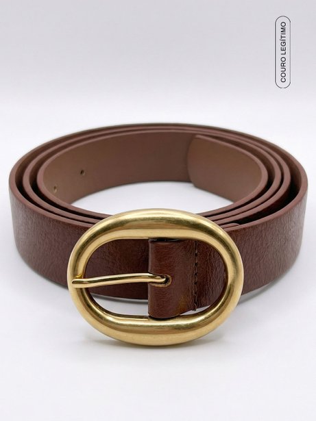 Cinto de Couro Marrom com Fivela Ouro Velho Malena