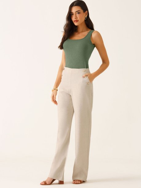 Calça Wide Leg de Linho com Botões de Resina Melissa