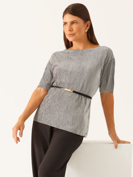 Blusa com Manga Curta em Malha Cinza Edivane