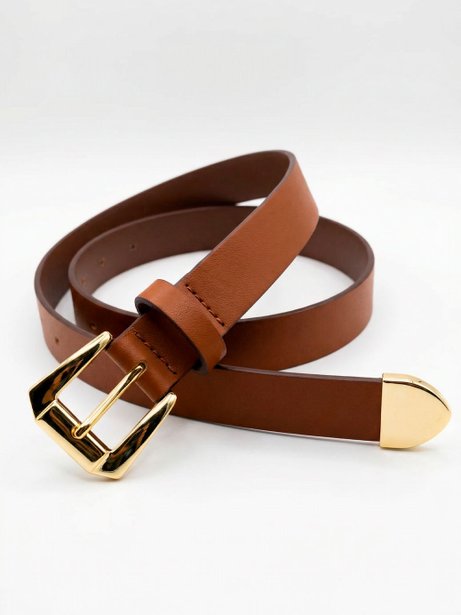 Cinto Sintético com Fivela e Ponteira Dourada Camel Sami