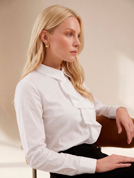 Camisa com Babados em Tricoline Off White Monise