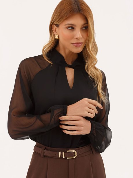 Blusa Manga Longa em Crepe Preto Coralise