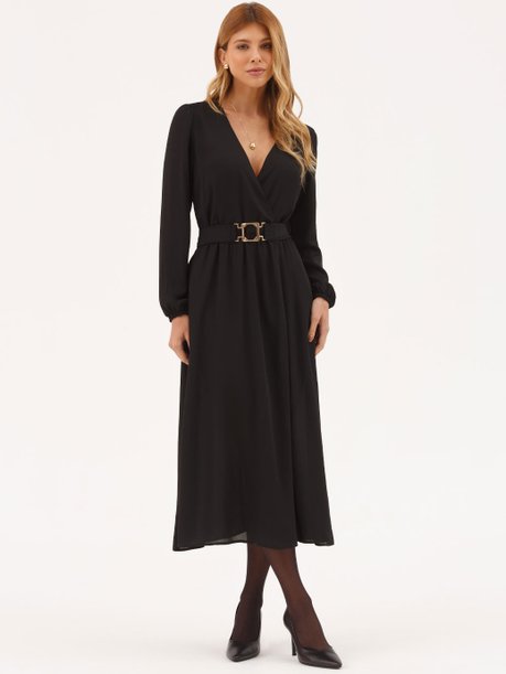 Vestido Longuete com Mangas em Crepe Preto Catarina
