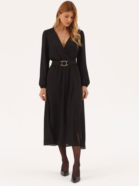 Vestido Longuete com Mangas em Crepe Preto Catarina