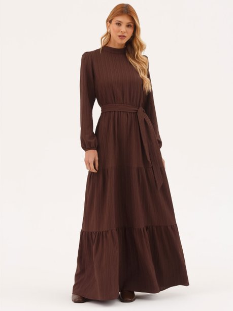 Vestido Manga Longa em Crepe Texturizado Marrom Esilda