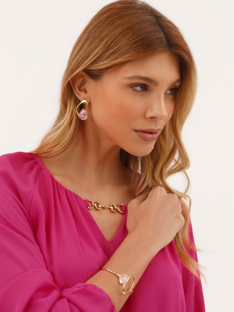 Bracelete com Pedra em Quartzo Rosa Perolado Dourado Sardenha