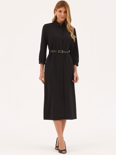 Vestido Clássico Manga 7/8 em Alfaiataria Preto Danise