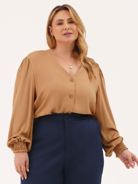 Camisa Manga Longa Regular em Viscose Canela Angela