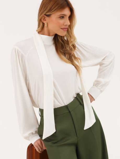 Blusa Manga Longa Regular em Viscose Off White Ophelia