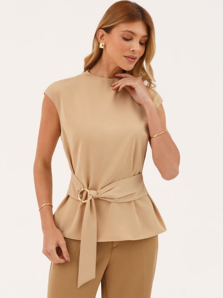 Blusa Manga Curta Alfaiataria Fluida Bege Luena