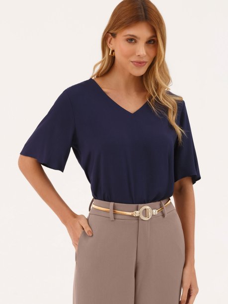 Blusa Manga Curta Decote V em Viscose Marinho Marlu