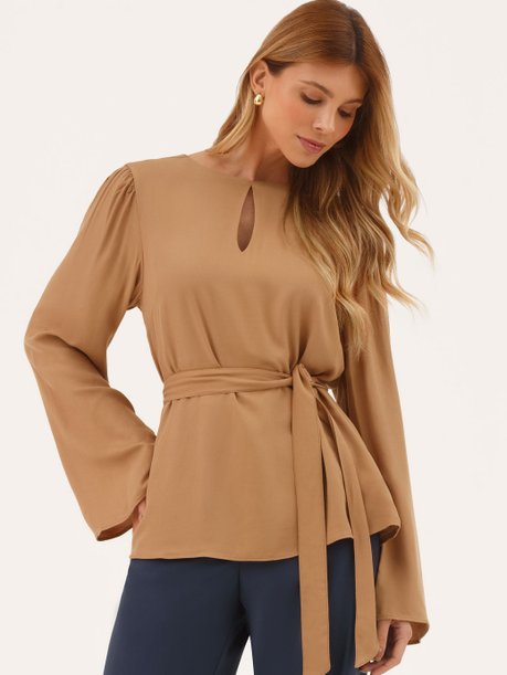 Blusa Manga Longa com Amarração em Viscose Canela Esmé