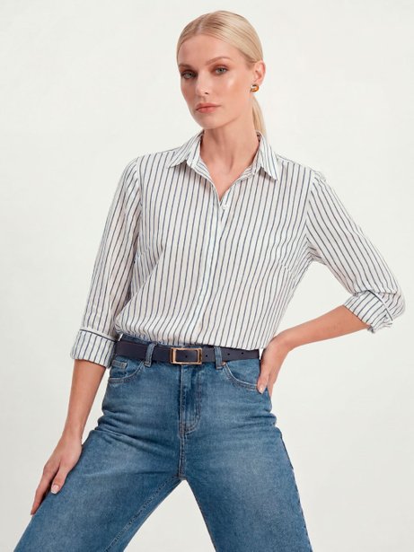 Camisa Comfy de Algodão Listrado Off e Marinho Tiany