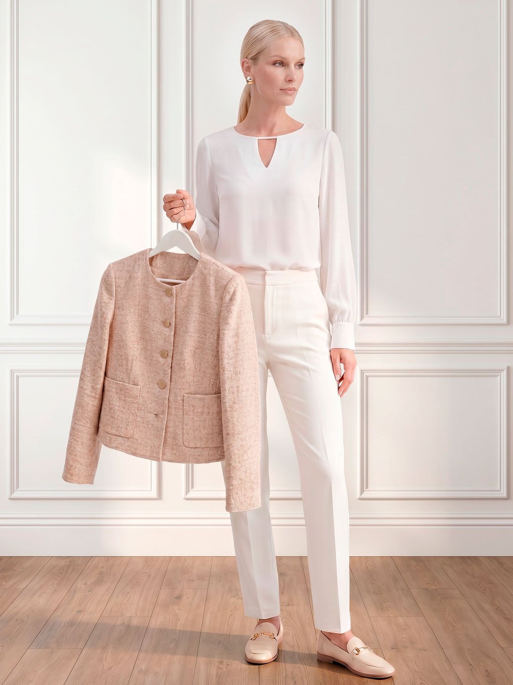 10501489 blusa de botao adriana 19200437 calca alfaiataria branca amanda 11400227 casaqueto aveia analice 1